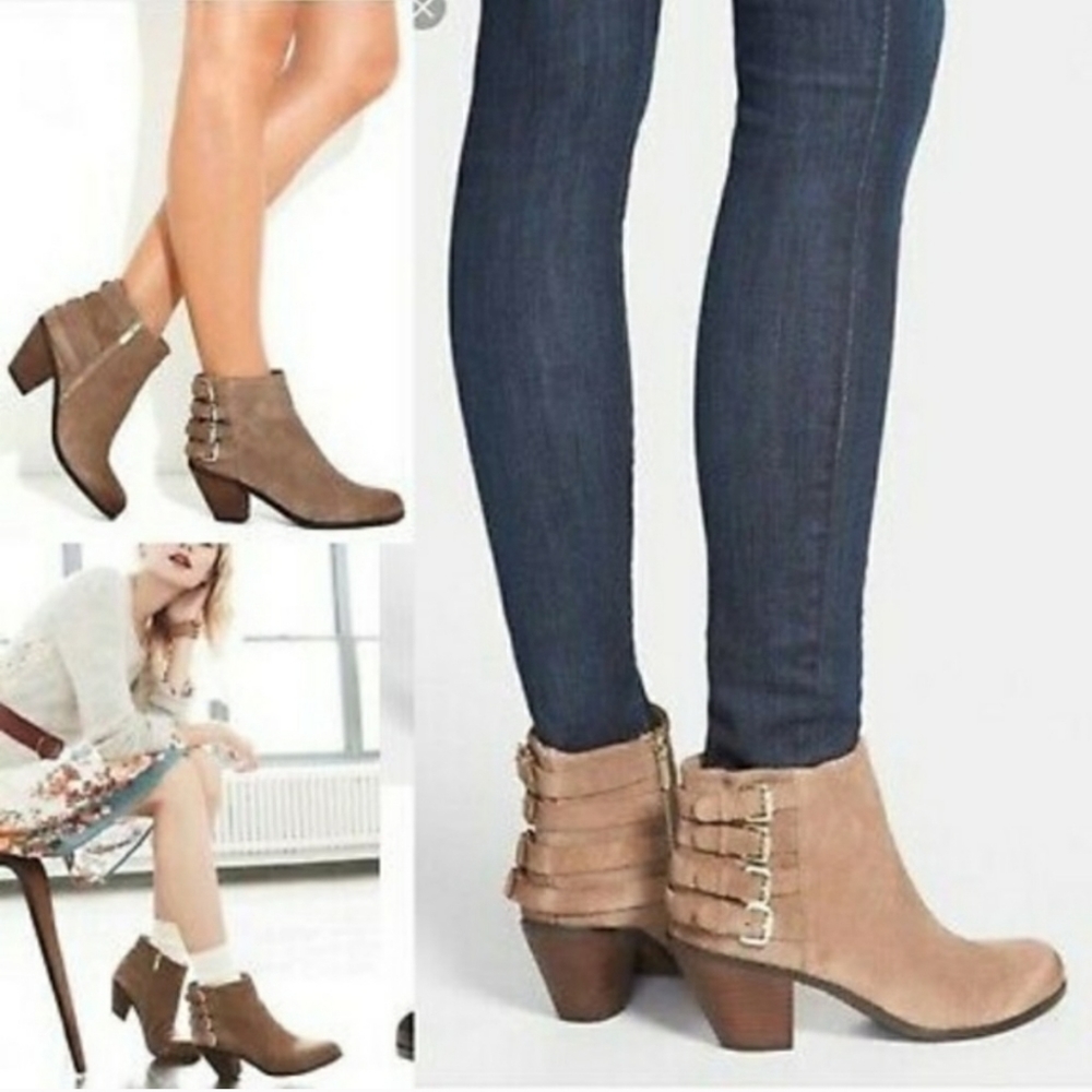 Sam Edelman Lucca 4 Buckle Taupe Suede Booties